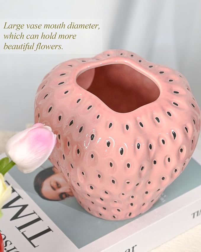DN DECONATION Pink Strawberry Vase for Flower, Fruit Vase for Party Kitchen | Strawberry Shaped Planter Pot, Unique Ceramic Fruit Vases for Strawberry Office Mantel, Mothers Day Gifts for Mom & Grandma