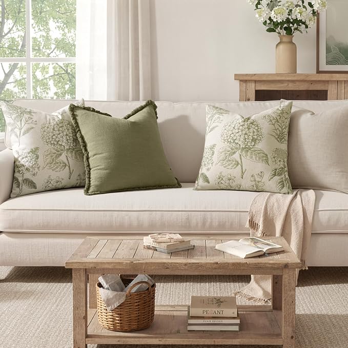 Set of 2 Decorative Floral Pillow Covers 22x22 Inch Sage Green | Neutral Hydrangea Print, Boho Vintage Throw Cushion Covers, Cottagecore Home Decor, for Sofa Couch Porch Bedroom Living Room