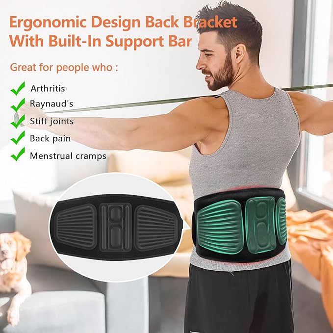 Lower Back Massager Belt with Four Modes Heating & Massage & Red Light, Ergonomic Support Massage Belt with Timer, Portable Cordless Heating Pad for Back Relieve Pain, Battery-Powered