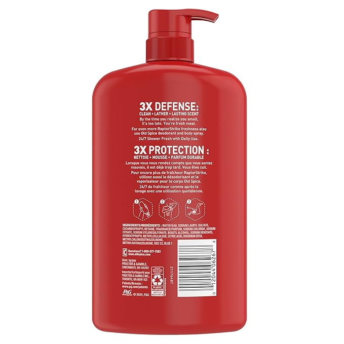 Old Spice Cleansing Body Wash for Men, 3X Defense, 24/7 Shower Fresh with Lasting Scent, 2-in-1 Body & Face Wash, Raptorstrike with Dark Berry Scent, 33.4 oz