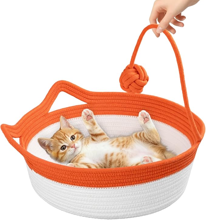 Cotton Rope Woven Cat Bed, Instinct Pet Basket with a Play Ball, Large | Foldable Cat Scratcher Basket for Indoor Cats, Puppies, Rabbits and Small Pets, Orange & White