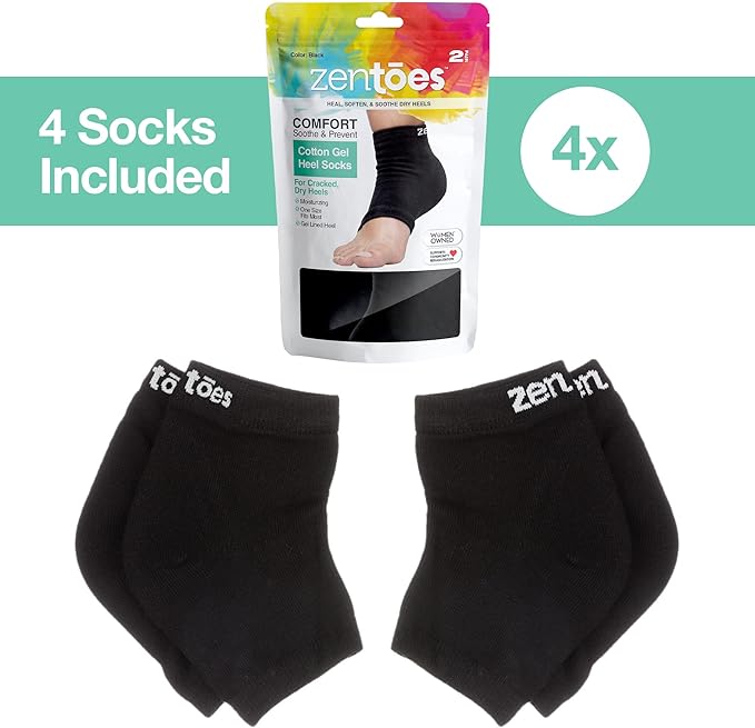 ZenToes Moisturizing Socks for Cracked Heel Treatment, Vitamin E, Olive Oil and Jojoba Oil Heel Socks, Stocking Stuffers for Women, Spa Self Care Gifts for Women (Cotton Black, Regular)