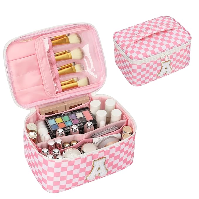 OCHEAL Makeup Bag Valentines Day Gifts for Women, Monogram Cosmetic Bag Pink Travel Makeup Case Beauty Toiletry Bag Organizer Personalized Gifts for Girl Teens Bridesmaid Sister Wife Friends Initial A