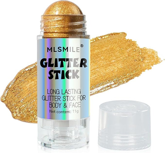 Gold Body Glitter Stick, Multi-Use Highlighter Makeup, Long Lasting Glitter Stick for Body & Face Eyes Lip, Glitter Sparkling Mermaid Sequins for Women, Great for Daily, Festival, Party