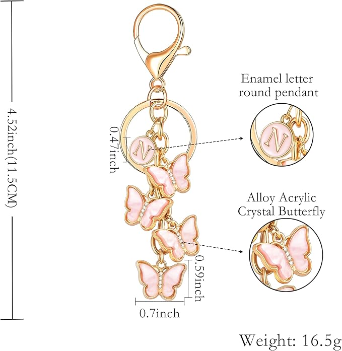 XGALBLA White Pink Black Cute Butterfly Initial Letter Keychain for Women, Butterfly Bag Charms Keyring for Handbags Backpack