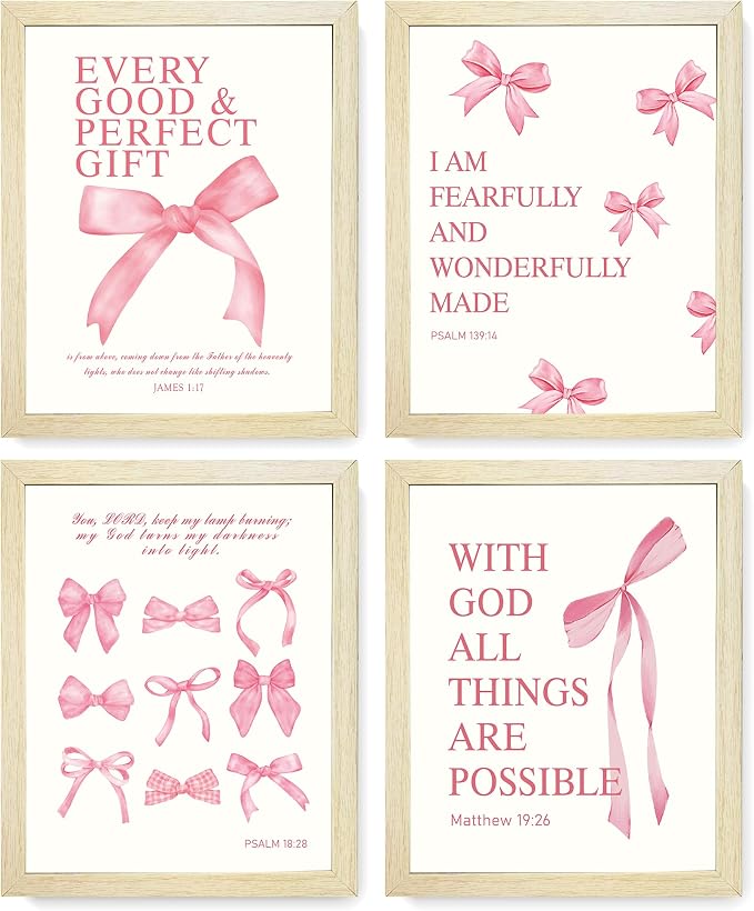 LARTSFRO Coquette Pink Bow Wall Art Decor Posters, Pink Bow Room Bedroom Bathroom Dorm Wall Art Decor Aesthetic for College Teen Girls Gifts, Inspirational Bible Verses Bow Wall Decor, 10x8 Inch Set of 4 Pcs Bow Pictures (WOOD-GRAIN FRAMED)