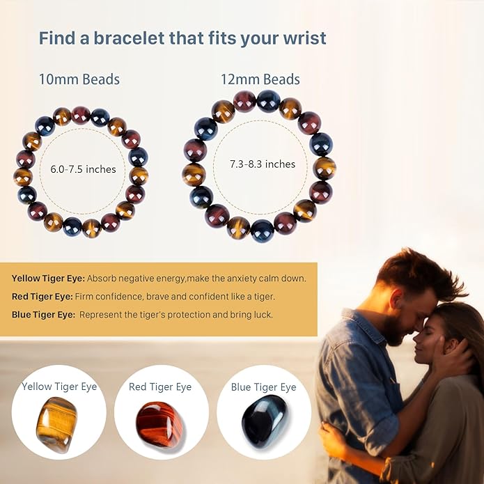 Tiger Eye Bracelet,Relax Anxiety Crystal Beaded Triple Protection Jewelry Bead Stone Chakra Gemstones Bracelets for women men