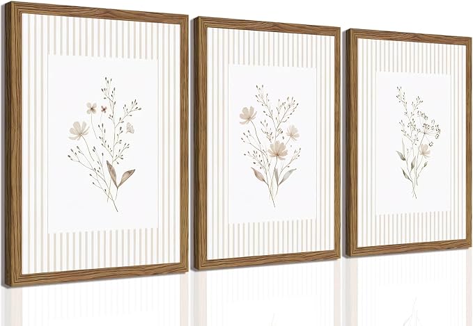 Neutral Wildflower Wall Art Set of 3, Vintage Flower Botanical Wall Decor Canvas Prints Pictures, Rustic Cottagecore Striped Floral Painting for Living Room Bedroom 16x24 Inch Wood Framed