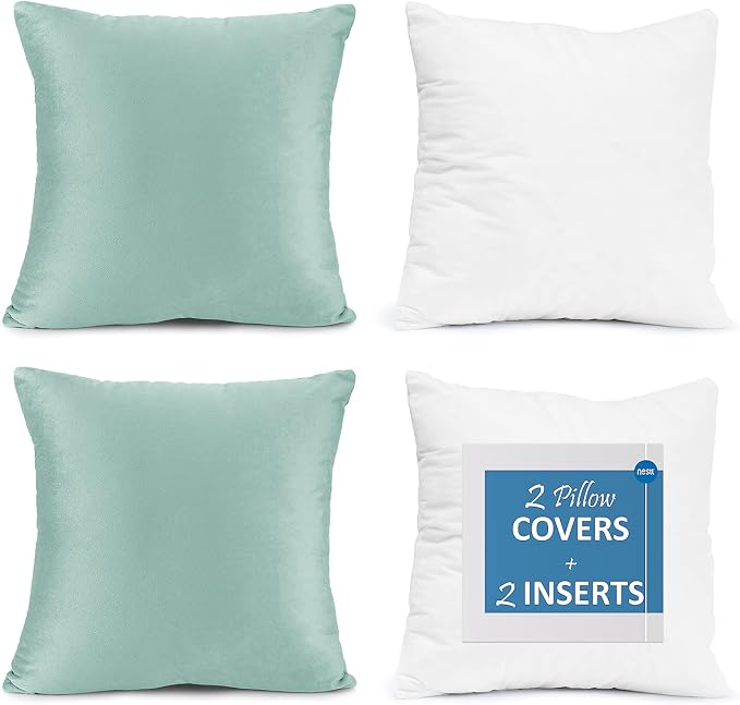 Nestl Throw Pillow Inserts Pack of 2 with Velvet Soft Solid Decorative Square Throw Pillow Covers Set for Sofa Couch Car Bedroom, 18X18 Throw Pillows Inserts with 16x16 Washable Cushion Covers, Aqua