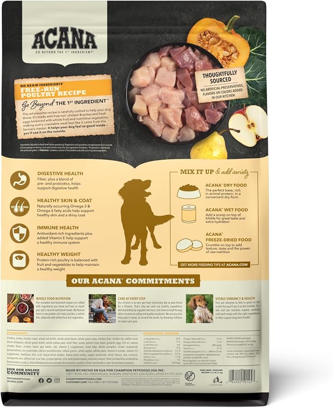 ACANA Grain Free Dry Dog Food Free Run Poultry Recipe 4.5lb Bag | Grain Free, High Protein, Made in the USA, Includes Probiotics, Omega-3 Fatty Acids, Free-Run Poultry