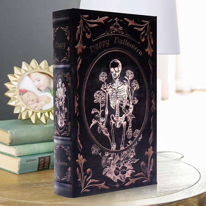 Decorative Vintage Book Shaped Trinket Storage Box | Halloween Skull Embossed Pattern,Halloween Decoration Faux Book Boxes,Gothic Style Decorated Storage Box