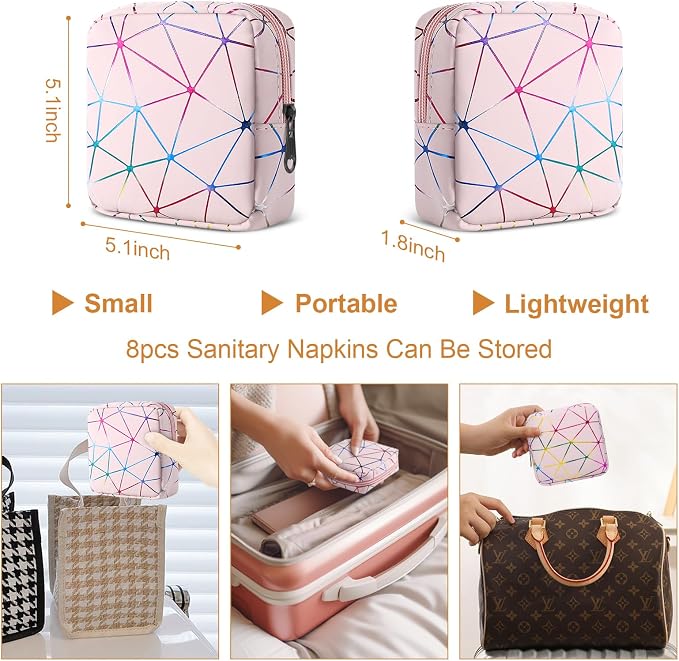 Likesing Sanitary Napkin Storage Bag, Leather Portable Period Bag for Girls Women, Sanitary Napkin Period Pad Pouch Tampon Holder for Purse (Colorful Pink, Small)