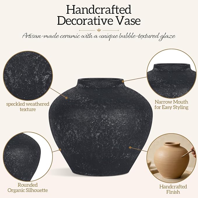 Ceramic Flower Vase Rustic Farmhouse Home Decor | 6.3 Inch Black Round Decorative Vase, Ideal Table Decor for Living Room, Wedding, Birthday Holiday