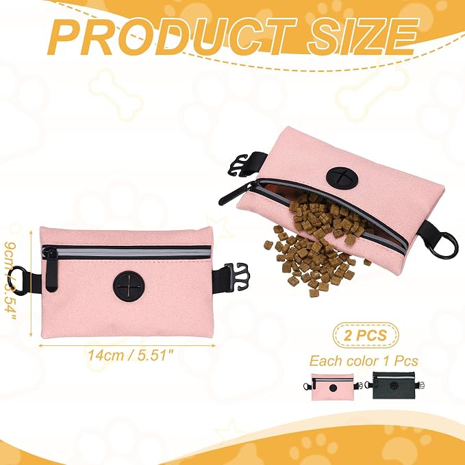 Dog Poop Bag Holder, Pet Waste Bag Dispenser Dog Treat Pouch with Zipper Oxford Cloth Portable Reusable Easy Cleanup(2Pcs, Black/Pink), Intended for Outdoor/Travel/Walking