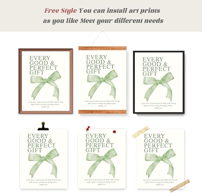 LARTSFRO Coquette Sage Green Bow Wall Art Decor Posters, Sage Green Bow Room Bedroom Bathroom Dorm Wall Art Decor Aesthetic for Teen Girls Gifts, Inspirational Bible Verses Bow Wall Decor, 10x8 Inch Set of 4 Pcs Bow Pictures (UNFRAMED)