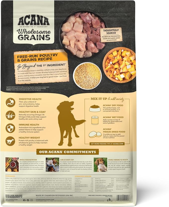 ACANA Wholesome Grains Dry Dog Food Poultry & Grains Recipe 4lb Bag | High Protein, Made in the USA, Includes Probiotics, Free-Run Poultry, Global Quality Ingredients