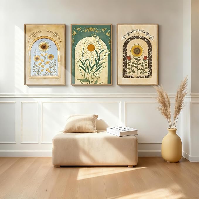 ANHUIB Vintage Boho Floral Wall Decor 16x24 Inch Bohemian wall art Botanical Wall Art Earthy Sunflower Illustration Set of 3 for Living Room Bedroom Office