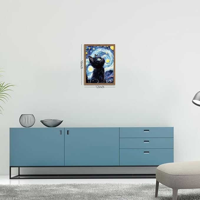 Framed Black Cat Wall Art, Van Gogh Starry Night Canvas Wall Decor, Cute Cat Animal Poster Print Picture, Impressionist Artwork Oil Painting for Bedroom Living Room Nursery 12x16 Inch