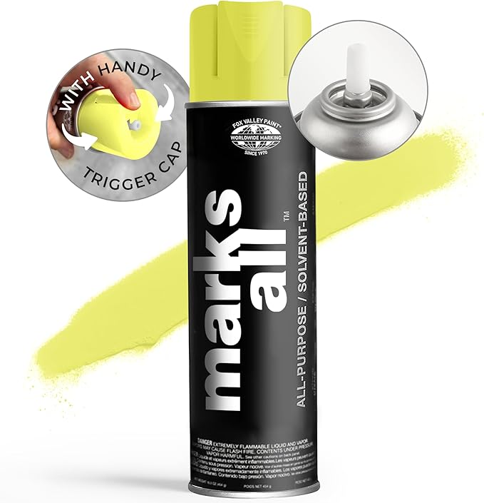 Fox Valley 18oz Marks All Solvent-Based Marking Paint Spray, 12-Pack Yellow Fluorescent – Long-Lasting, Weather-Resistant Spray Paint for Wet or Dry Surfaces Like Metal, Grass, Concrete, Wood, & More