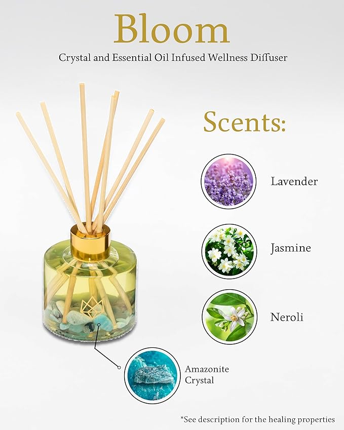 Crystal Infused Reed Diffuser, 4 OZ, Bloom - Amazonite Crystal Infused - Scents of Lavender, Neroli, and Jasmine - Hope, Discovery, & Growth - Home Decor, House Warming, Room