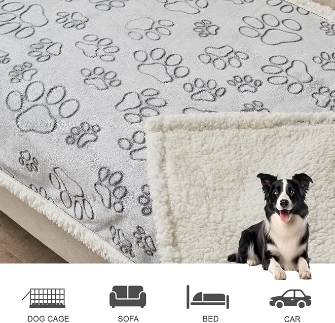 Dog Blankets for Large Dogs - Waterproof Pet Blanket Washable - Sherpa Fleece Puppy Blanket, Soft Plush Reversible Dog Blanket for Bed Couch Car Sofa, 50"X60", Grey Paw Print