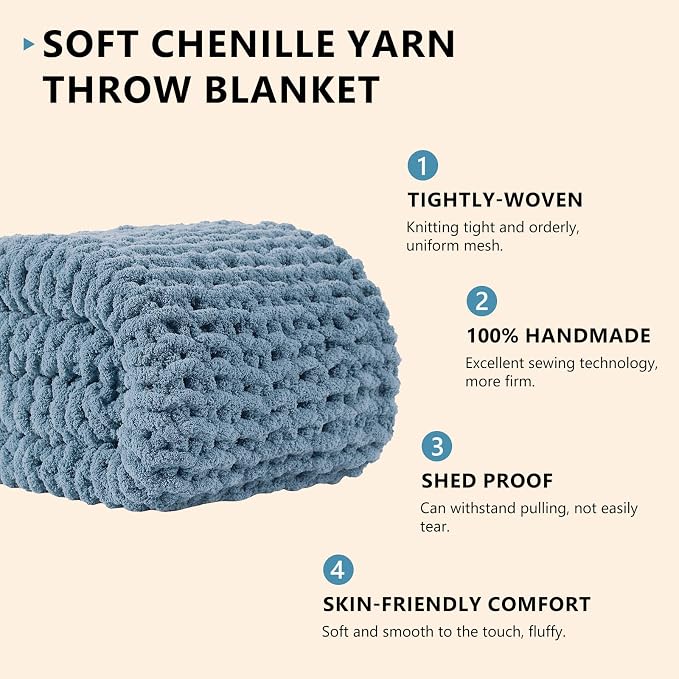 L'AGRATY Chunky Knit Throw Blanket for Couch, 80 x 90 Inches, Airy Blue | Handmade Chenille Crochet Blanket for Sofa Bed, Thick Cable Knitted Blankets for Room Home Decor, Birthday Gift for Women Mom