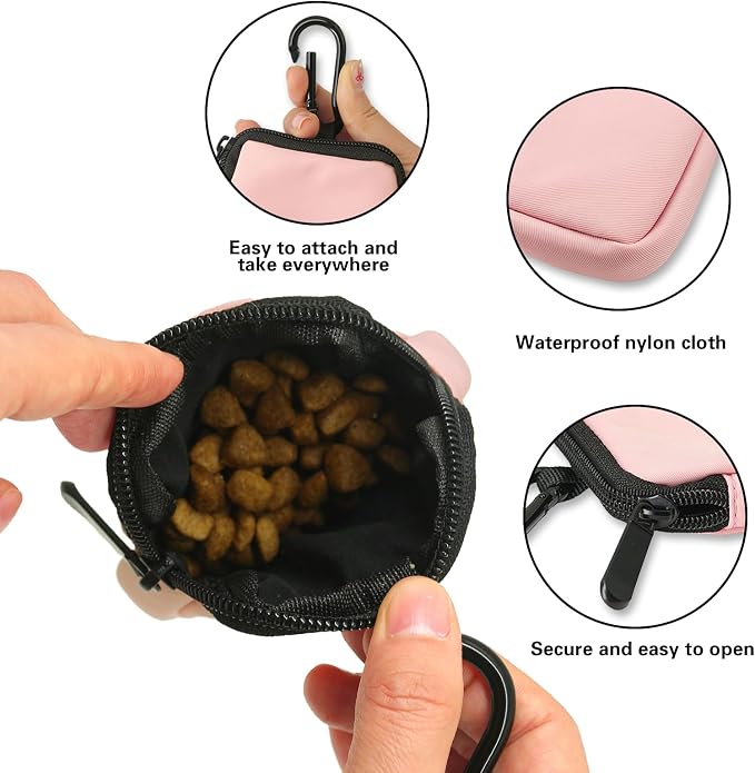 Dog Treat Pouch 2 Pack, Waterproof, Zipper Closure, Hands Free, Black+Pink