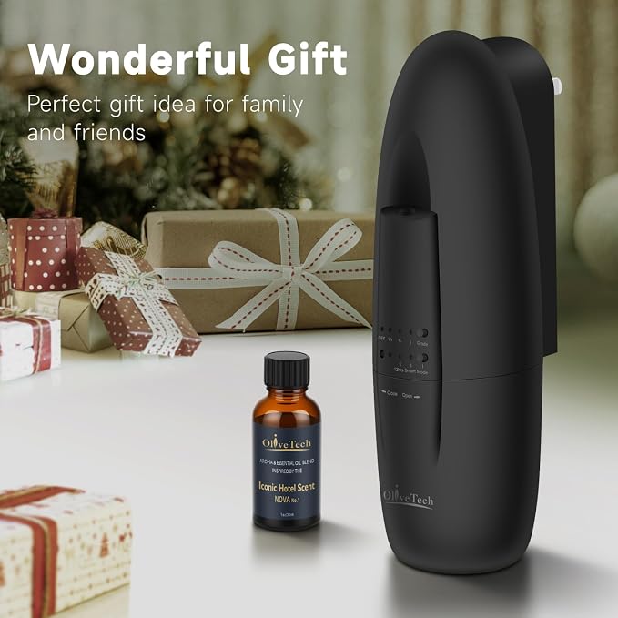 Plug in Waterless Diffuser, OliveTech Cold Air Scent Diffuser for Home & Office, Hotel Collection Aromatherapy Diffuser with 30mL Essential Oil Included, Adjustable Fragrance - Black
