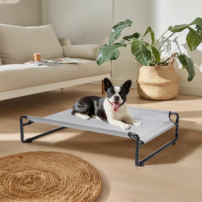 Veehoo Outdoor Elevated Dog Bed, Cooling Raised Dog Beds for Medium Dogs | Washable Dog Cot with Headrest Sides, Non-Skid Feet, Breathable Mesh, Cooling Pet Hammock for Indoor or Camping, 35", Grey