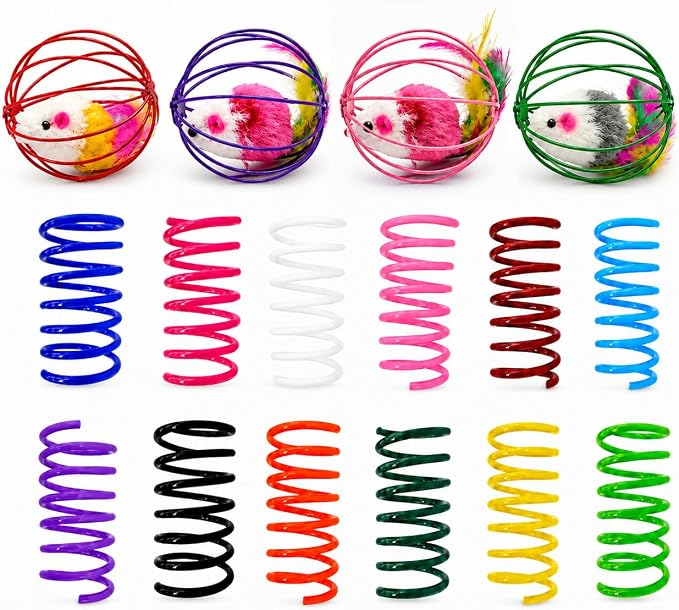 Cat Toys for Indoor Cats, 4 Wire Mesh Mice & 12 Colorful Springs