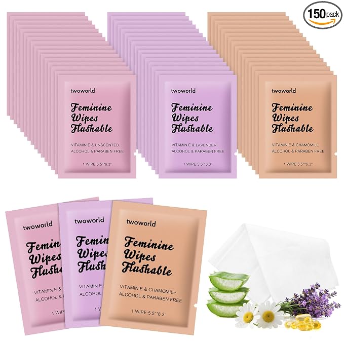 twoworld 150 Feminine Wipes Individually Wrapped,Flushable Wipes Travel | Feminine Care Vaginal Wipes for Adult,Women,Girl and Homeless (Unscented,Lavender and Chamomile)