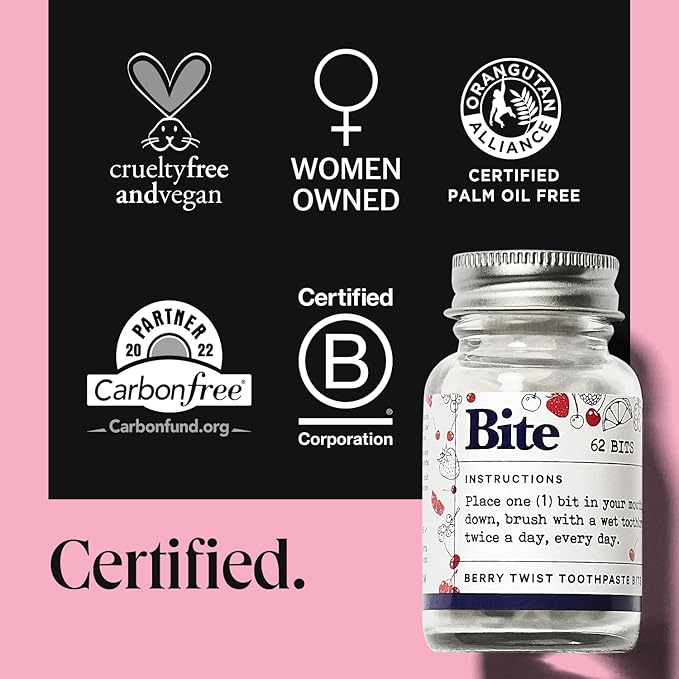 Bite Whitening Toothpaste Tablets – 2 Months – Fluoride Free, Nano Hydroxyapatite + Xylitol, Berry Twist – Vegan, Cruelty-Free, Made in USA, Sensitive Teeth, Travel Size, (2 Bottles, 124 Tabs)