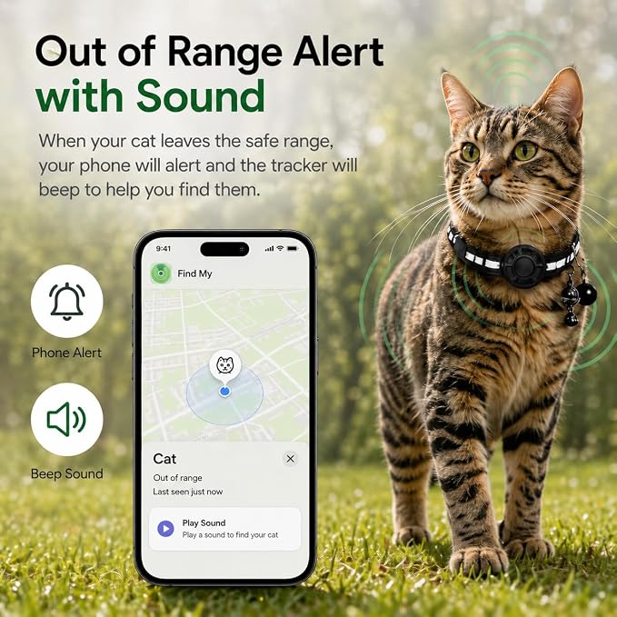Cat GPS Tracker Collar, Pet Tracker for Cats (iOS Only), Waterproof Smart Tag Compatible with Apple Find My, No Monthly Fee, Tracking Collar for Small Large Cats (Tracker for cat)