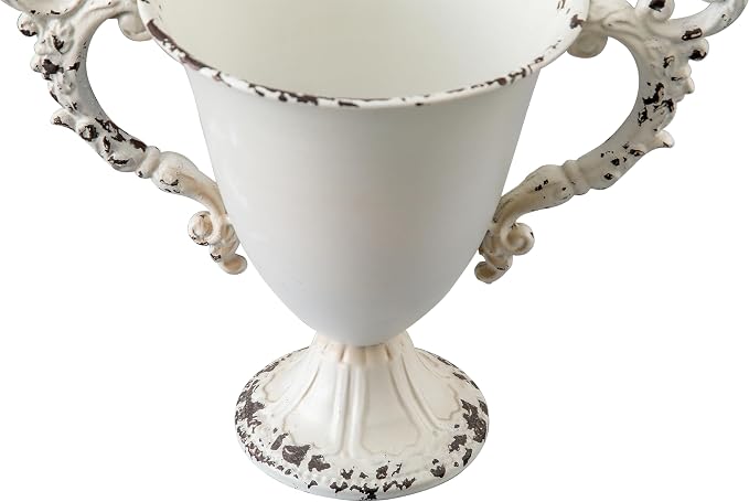 SOFE Shabby Chic White Urn Vases for Table, Small Metal Flower Vase 8" H | Distressed White Design, Lightweight, Suit for Holding Fresh Flowers, Dried Arrangements, Weddings, Housewarming Parties
