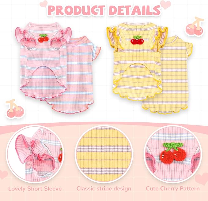 2 Pack Striped Small Dog T Shirt Cute Cherry Girl Dog Clothes for Small Dogs Cats Breatha ble Soft Cotton Pet Puppy Sleeveless Vest Spring Summer Pet Outfits（Pink+Yellow,Large）
