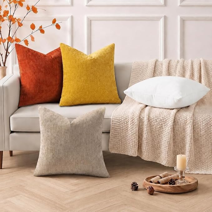 decorUhome Soft Chenille Mineral Yellow Throw Pillow Covers 24X24 Set of 2 | Decorative Fall Couch Pillow Covers Solid Dyed Accent Modern Euro Sham Farmhouse Neutral Square Pillow Cases for Sofa