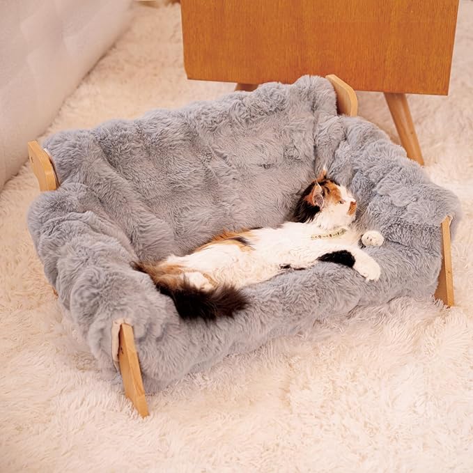 Elevated Cat Couch Bed Wooden Raised Kitty Sofa Lounge Chair | Washable Fluffy Cover Wooden Elevated Pet Furniture for Indoor Cats and Puppy(Dark Grey)