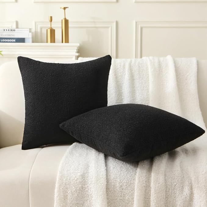 Complete Throw Pillows with Inserts, Set of 2 Decorative Throw Pillow-Boucle-18 x 18"-Square Boho Pillows for Couch, Patio, Bed, Sofa Decor (Black, 18" x 18"(Pack of 2))