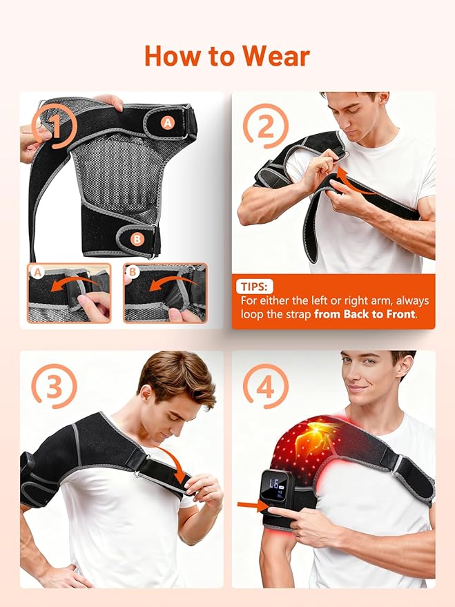 Red Light Therapy for Shoulder with Heat & Massage, 6 Modes 5000mAh Cord-Free Controller Infrared Light with 216 Beads 660nm & 850nm Portable Heated Shoulder Pad, Last 110-240mins