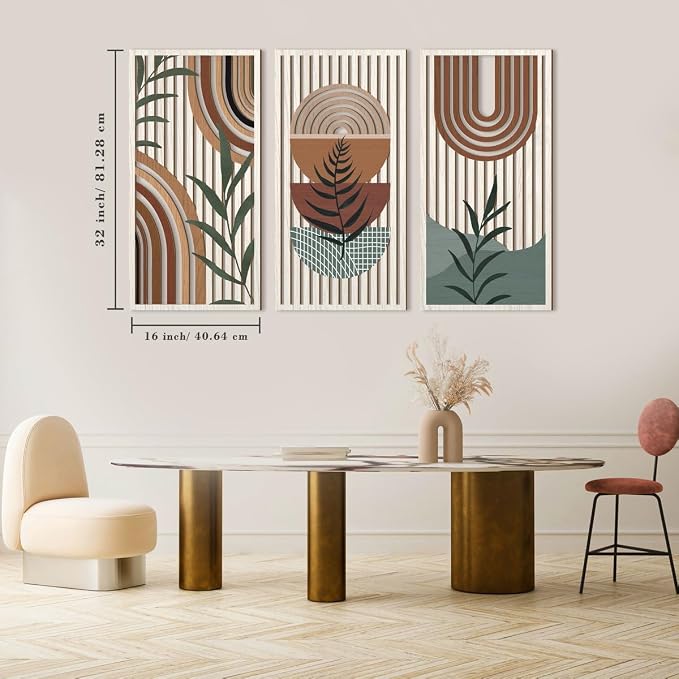 IARTTOP Large Boho Wood Wall Art 16x32 Inch Mid Century Modern Bohemian Wooden Wall Decor Brown Minimalist Geometric Plant Decor for Bedroom Living Room Dining Room Set of 3