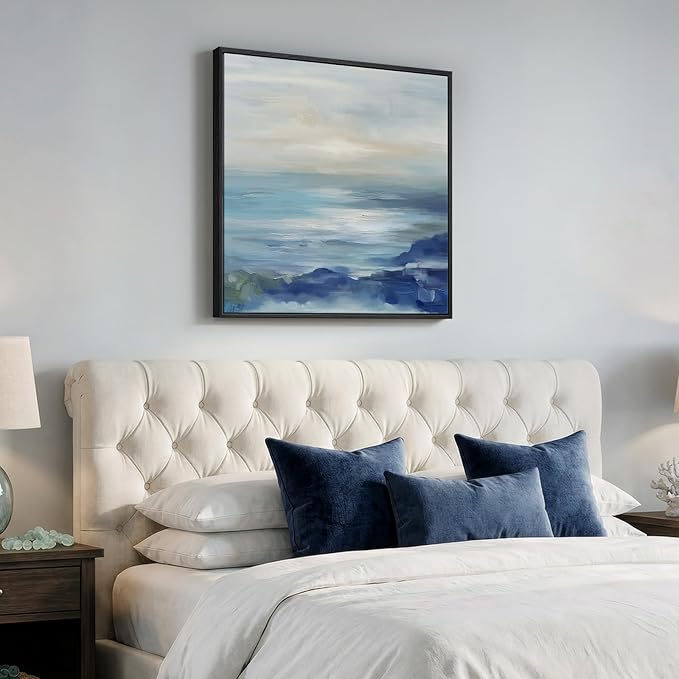 Framed Blue Abstract Wall Art Decor, Square Coastal Modern Canvas Artwork for Walls, Peaceful Abstract Seascape Ocean Painting, Wall Decor Print for Hallway Bedroom Bathroom Home Office, 24x24 Inch