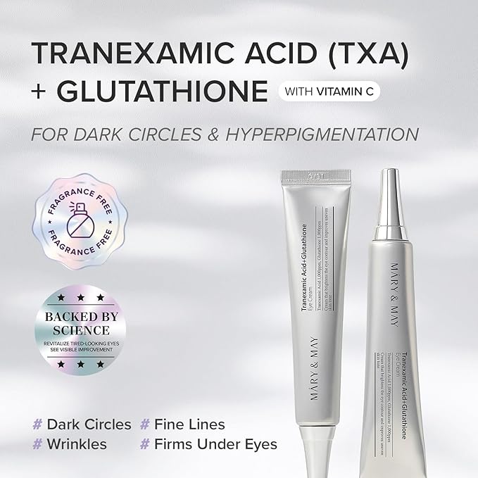 Mary&May Tranexamic Acid + Glutathione Eye Cream Set (1,000ppm each) – Brightening Under Eye Cream for Dark Circles & Uneven Tone, Vitamin C, Niacinamide – 1.01 oz + 0.4 oz Mini x2