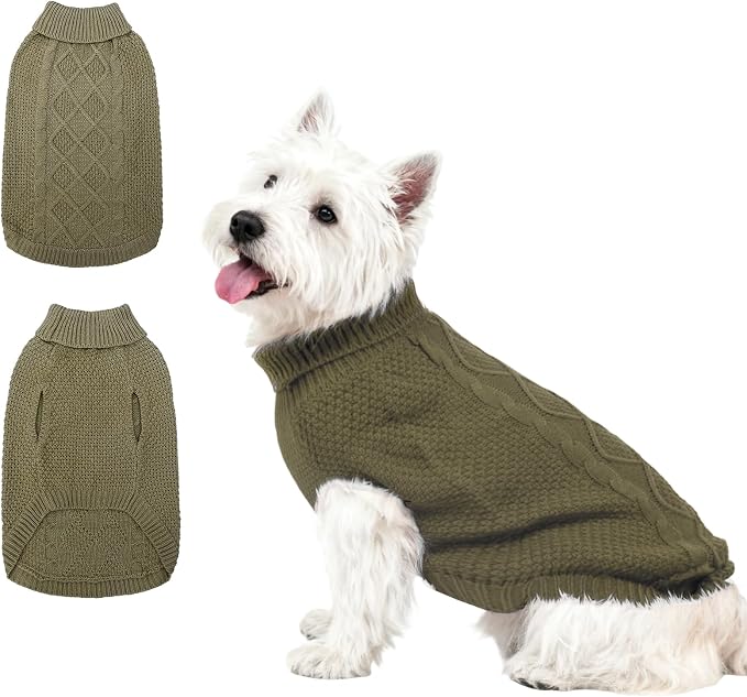Mihachi Turtleneck Dog Sweater - Winter Coat Apparel Classic Cable Knit Clothes with Leash Hole for Cold Weather, Ideal Gift for Pet in New Year Army Green New S