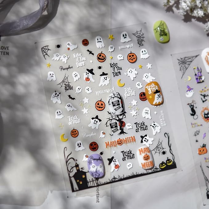 Halloween Nail Stickers for Nail Art, 5D Embossed Self-Adhesive Nail Decals Ghost Goth Moon Spider Web Nail Supplies Design Accessories for Women and Girls Manicure DIY Decoration