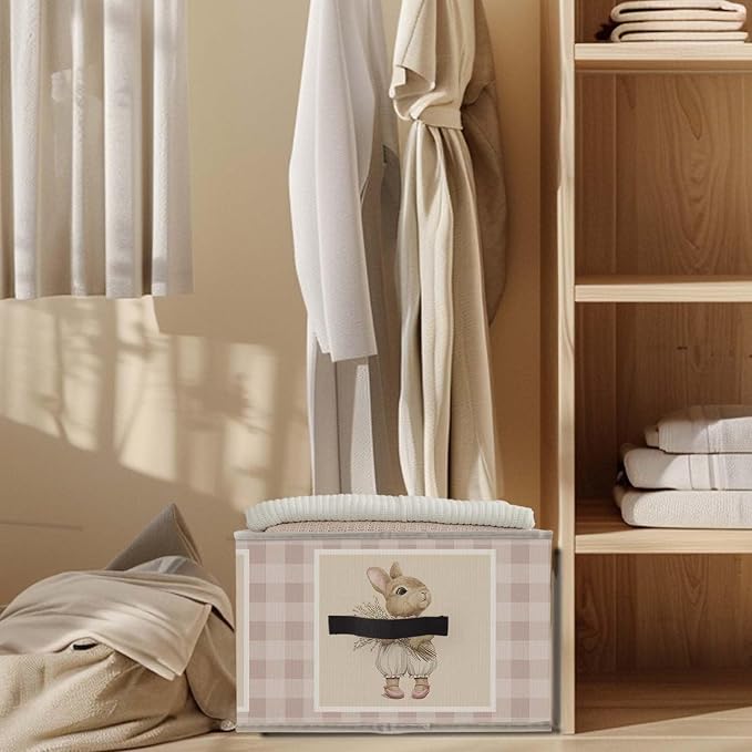 Bunny Nursery Storage Bins Basket, Toybox for Girls Room, Rustic Rabbit Neutral Checkered Collapsible Fabric Storage Box Organizer for Bedroom Bathroom Clothes Books Toys