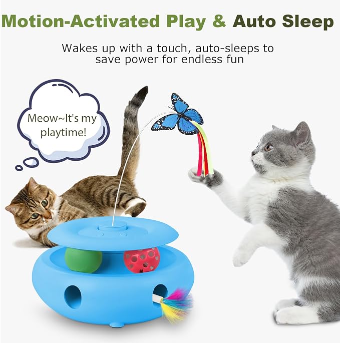 Interactive Cat Toy for Indoor Cats, 3-in-1 Automatic Kitten Toys with Fluttering Butterfly, Ambush Feather and Track Balls, USB Rechargeable Cat Enrichment & Exercise Toy