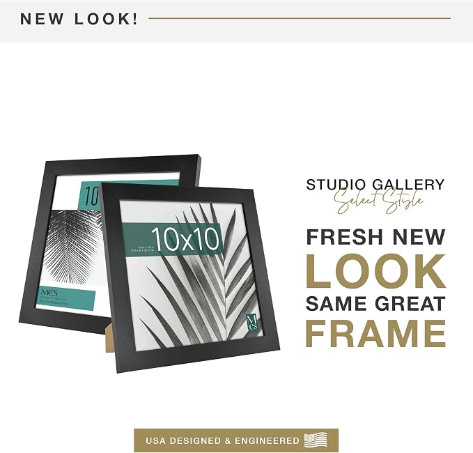 MCS Studio Gallery 10x10 Picture Frame Black Woodgrain Engineered Wood, Wall Hanging & Easel for Tapletop Display, Square Photo Frame for Photos, Posters & Art Prints (1-Pack)