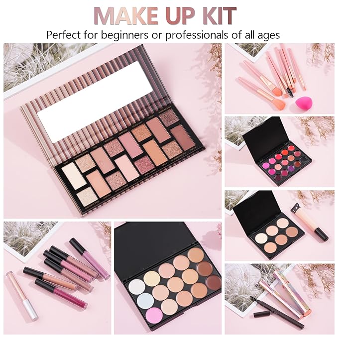 Makeup Kit For Girls Gift, Make up Kit For Women Full Kit Includes Sponge Eyeshadow Liquid Lipstick Concealer Eyeliner Eyebrow Makeup Bag