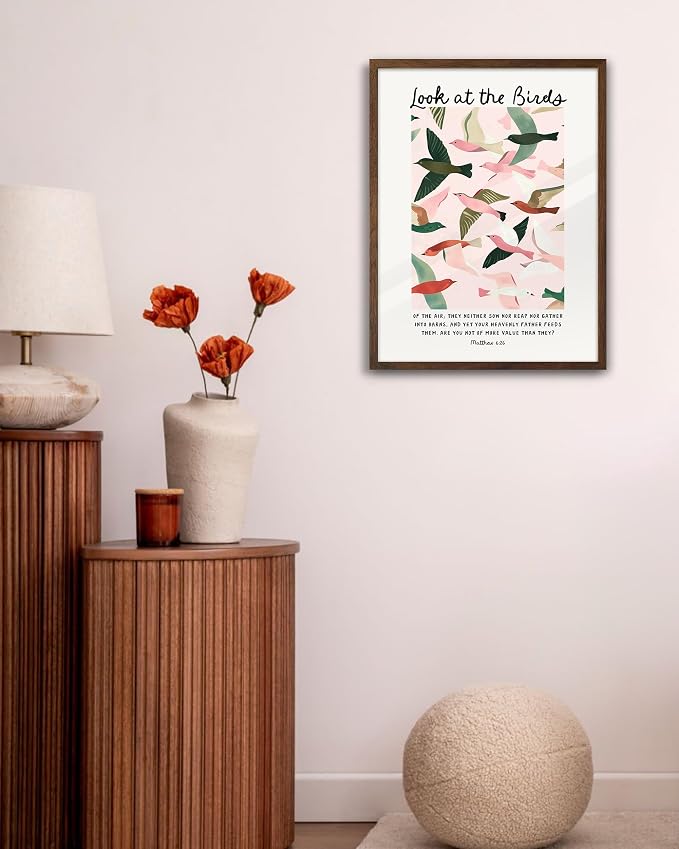 EcoHest 12x16 in Matthew 6:26 Look at the Birds Framed Christian Wall Art | Walnut Color Solid Oak Frame with Canvas Wall Art, Scripture Bible Verse Decor for Bedroom, Living Room, Office, Church,1Pack