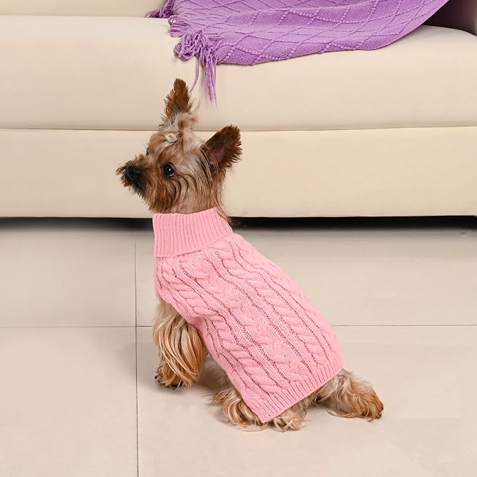 Dog Sweater 2 Pack for Small Dogs, Size XS, Pink & Purple | Stretchy cable knit turtleneck, machine washable, high belly cut, comfy winter fit for Chihuahua, Yorkie